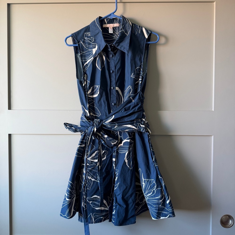 Hutch Anthropologie Floral Sleeveless Wrap Shirt Dress Womens Large Navy Blue